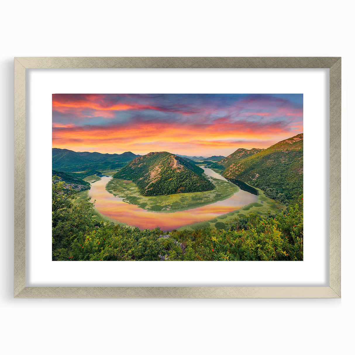 Extra large textured abstract art print of a European Montenegro scenery in muted earth tones, framed in silver.