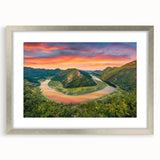 Extra large textured abstract art print of a European Montenegro scenery in muted earth tones, framed in silver.
