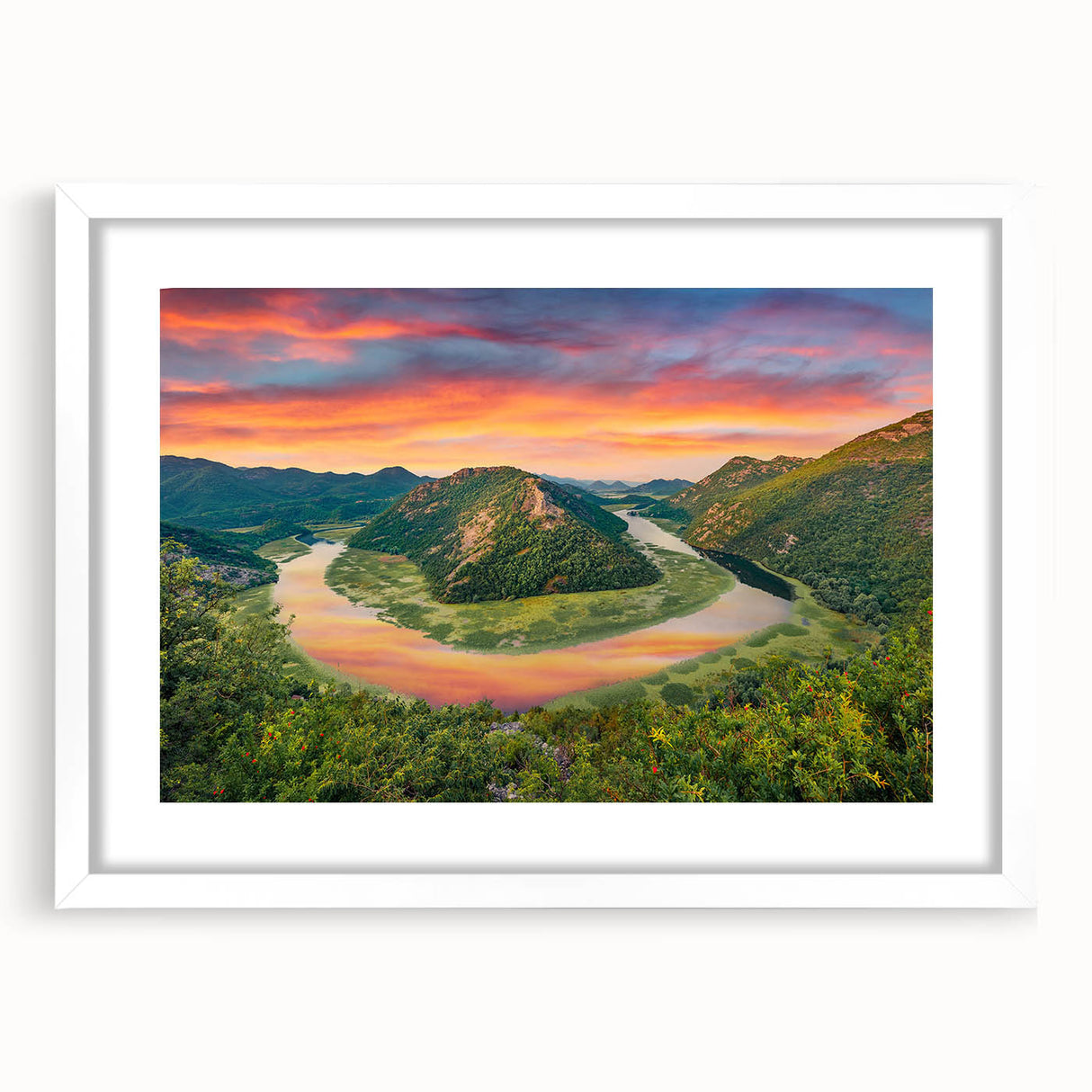 Textured art print of an abstract European landscape in subdued earth tones on a framed white mat, ideal for bedroom decor.