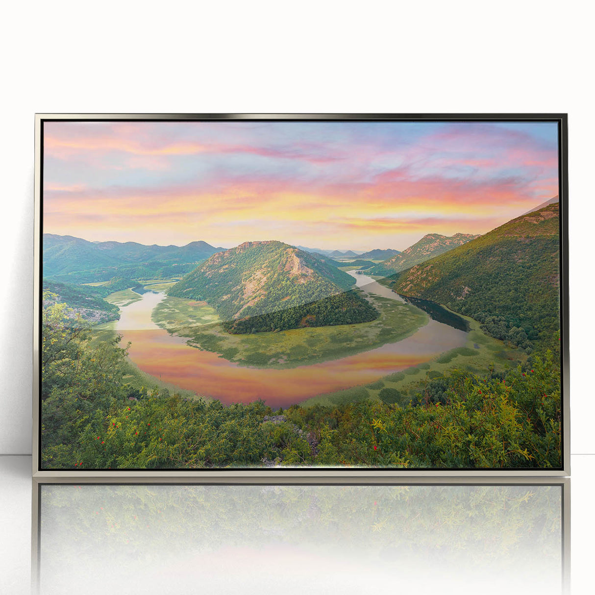 Large art print of a Montenegro landscape in muted earth tones on a silver-framed acrylic, ideal for modern art wall decor.