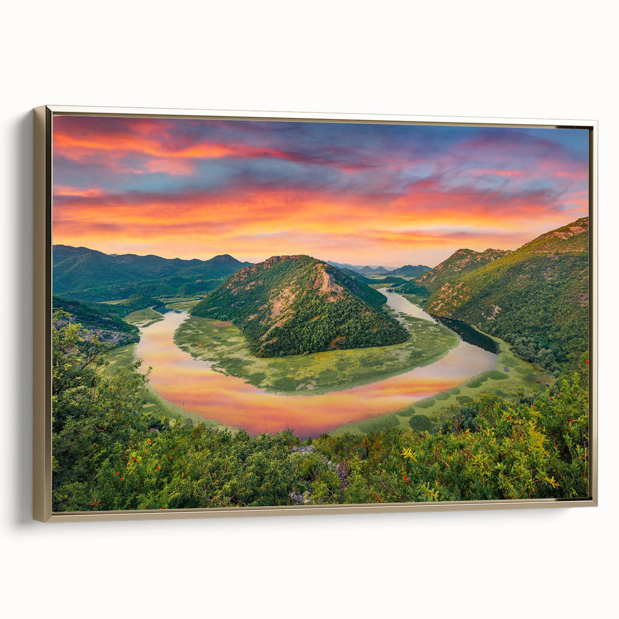 Framed canvas of a Montenegro landscape in muted gold and black tones, ideal for bedroom wall art.