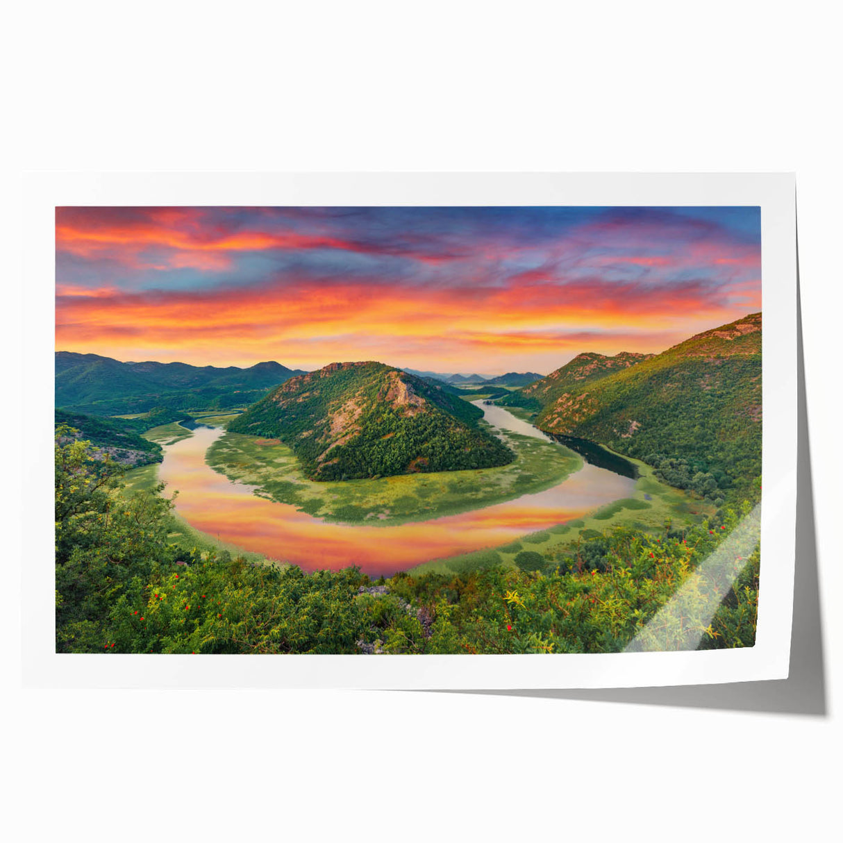 Extra large rolled print of a Montenegro landscape with floral elements in muted colors.