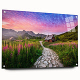 Acrylic print of a European landscape with vibrant greens and blues, ideal for dining room decor.