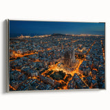 Landscape art painting of Barcelona in vibrant colors on a silver-framed canvas, suitable for living room decor.
