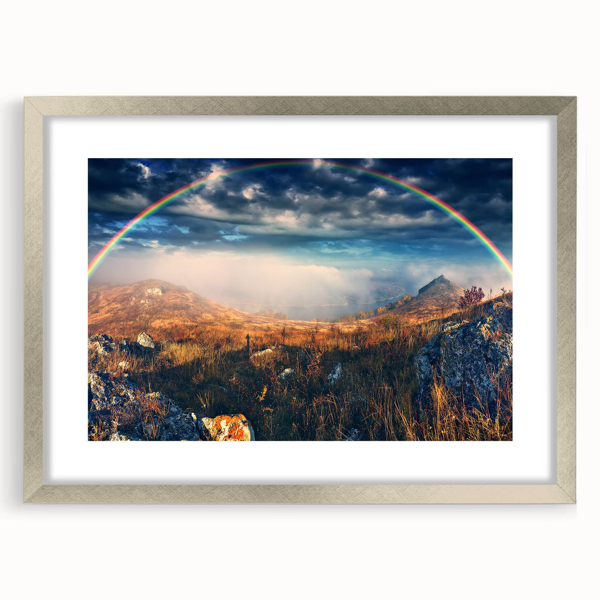 Textured abstract art print depicting a serene European landscape in muted earth tones, framed in silver.