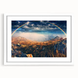 Abstract art print featuring vibrant hues of blue and orange on a white framed canvas, ideal for dining room decor.
