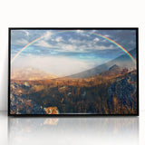 Large abstract wall art depicting a European Ukrainian scenery in muted earth tones, framed in black acrylic.