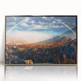 Large art print of a serene Ukrainian landscape, framed in gold acrylic, in mid-century modernist style.