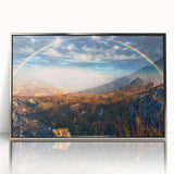Mid-century modernist art depicting a serene Ukrainian landscape in muted earth tones, framed in silver acrylic.