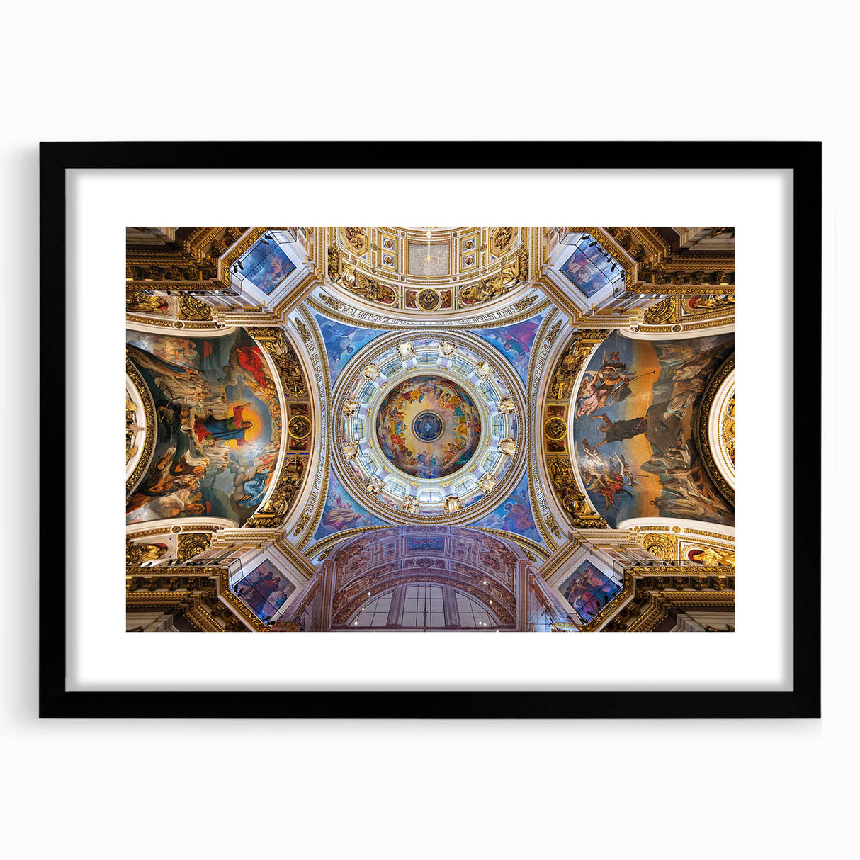 Colorful abstract art print of a European scenery, in a black frame with mat, ideal for living room decor.