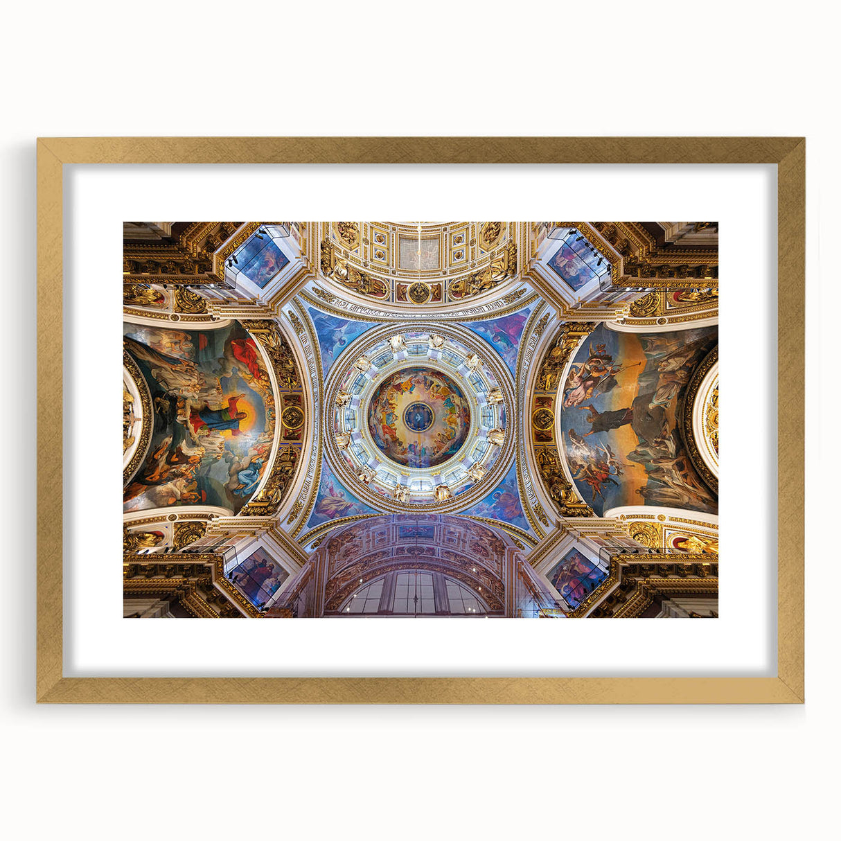 Extra large abstract art print of a European scenery, featuring textured gold and blue tones, framed with a mat.
