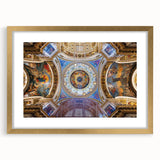 Extra large abstract art print of a European scenery, featuring textured gold and blue tones, framed with a mat.