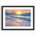 Extra large abstract art print of Cancun scenery in vibrant colors on textured canvas, framed in black.