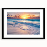 Extra large abstract art print of Cancun scenery in vibrant colors on textured canvas, framed in black.