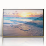 Framed acrylic print of Cancun scenery in mid-century modernist style, with vibrant ocean and sky hues.