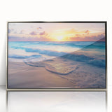 Mid-century modernist art depicting Cancun scenery in muted blue and green, framed acrylic, ideal for nursery wall art.