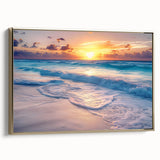 Framed canvas featuring a vintage-style landscape painting of Cancun with a black and gold color scheme.