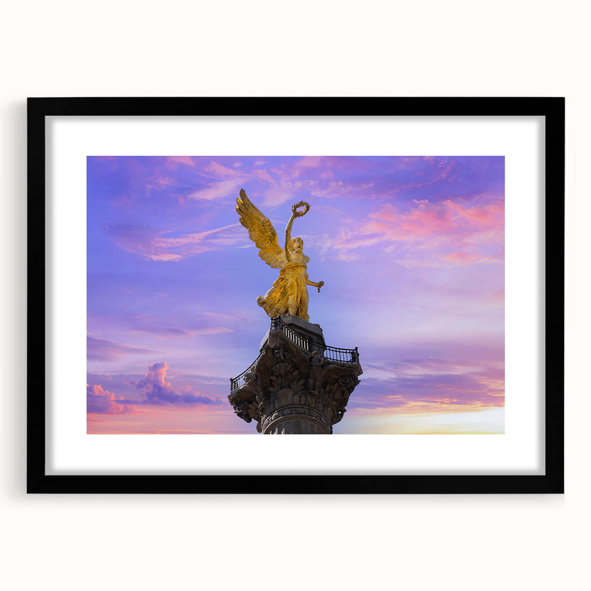 Abstract art print of Mexico City in vibrant colors on a textured, extra-large canvas, framed in black.