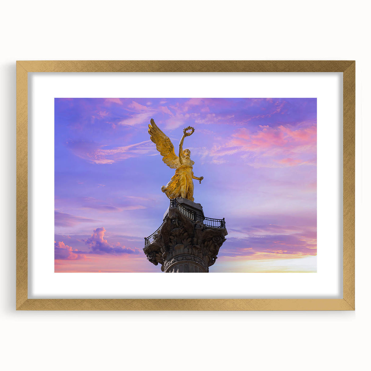 Extra large abstract art print of Mexico City, textured with gold frame and mat, in muted earth tones.