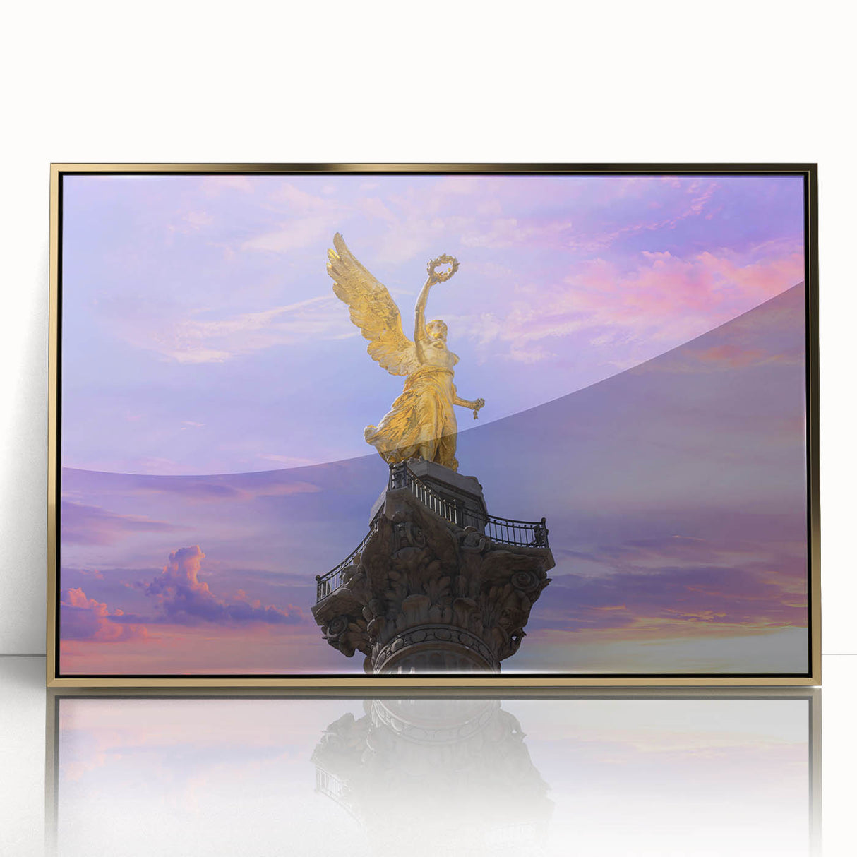 Acrylic print of Mexico City scenery in gold frame, featuring mid-century modernist style, suited for modern art wall decor.