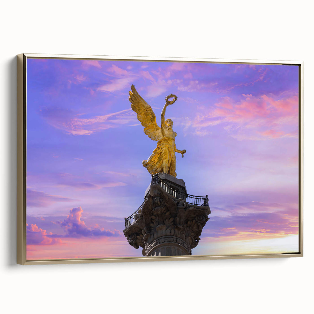Framed canvas wall art featuring a vintage poster-style landscape of Mexico City in black and gold tones.