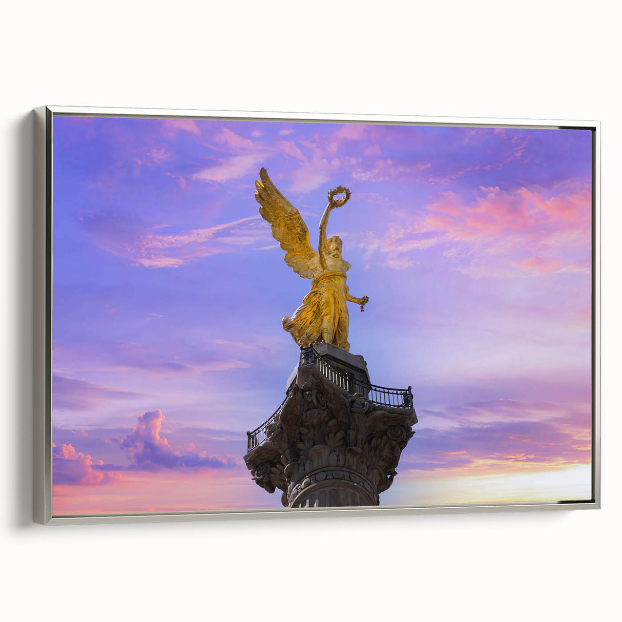 Framed canvas depicting a vintage-style Mexico City landscape in colorful art tones, ideal for living room decor.