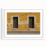 Abstract art print of Quintana Roo scenery in muted blue and green tones on a white framed canvas.