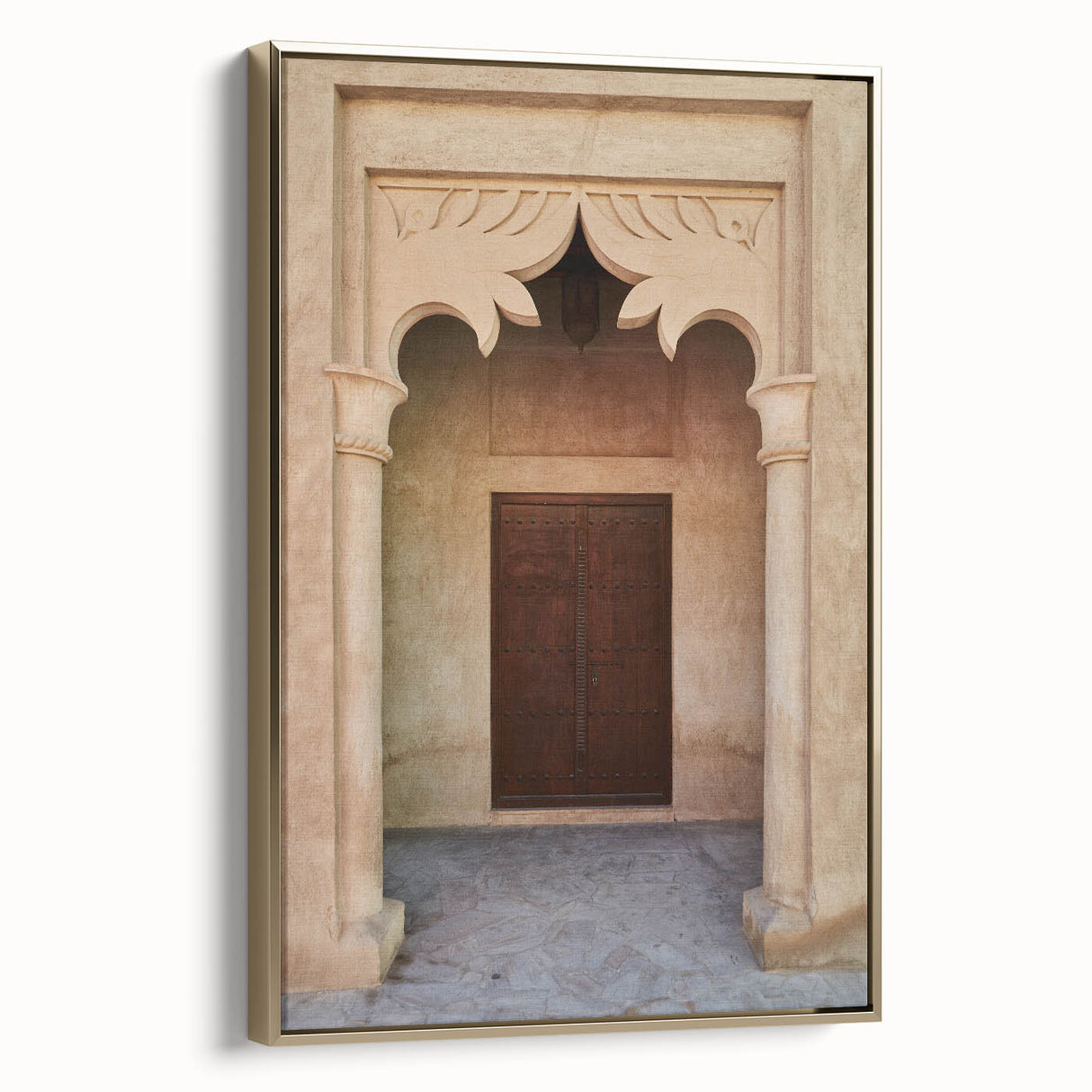 Framed canvas of Dubai landscape with vintage poster art style, featuring black and gold tones.