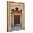 Side view of a stretched canvas featuring a detailed Dubai skyline in muted earth tones, ideal for kitchen wall art.