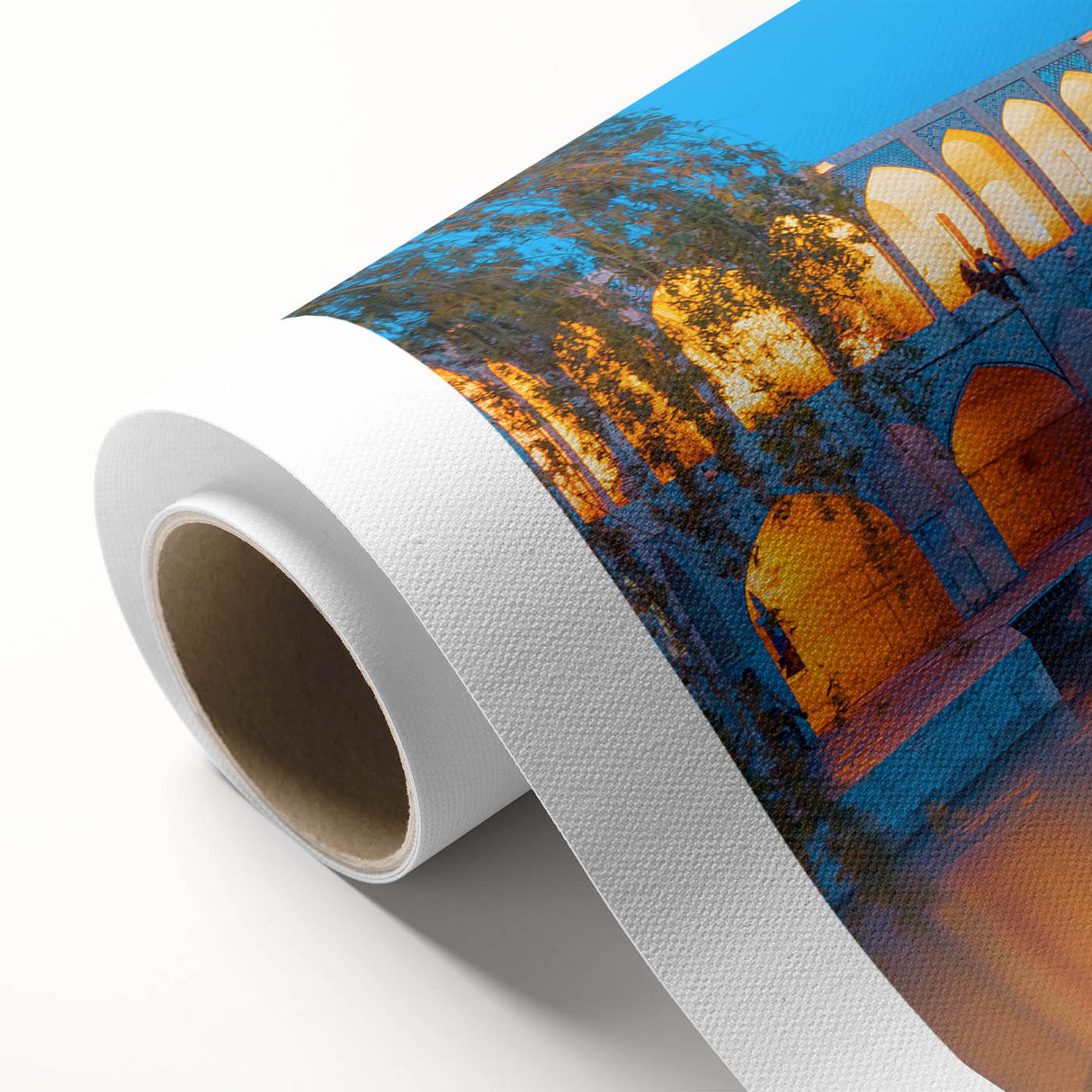 Art deco poster of Middle Eastern scenery in muted earth tones on rolled canvas, ideal for nursery wall art.