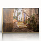 Framed acrylic print of Jerusalem in gold and blue tones, in a mid-century modernist style.