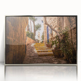 Framed acrylic print of Jerusalem skyline featuring mid-century modernist art in muted earth tones.