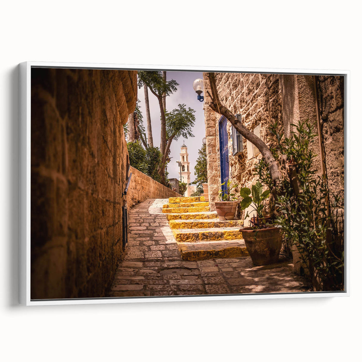 Vintage poster art of Jerusalem in vibrant colors on a framed canvas, ideal for living room decor.