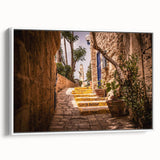 Vintage poster art of Jerusalem in vibrant colors on a framed canvas, ideal for living room decor.