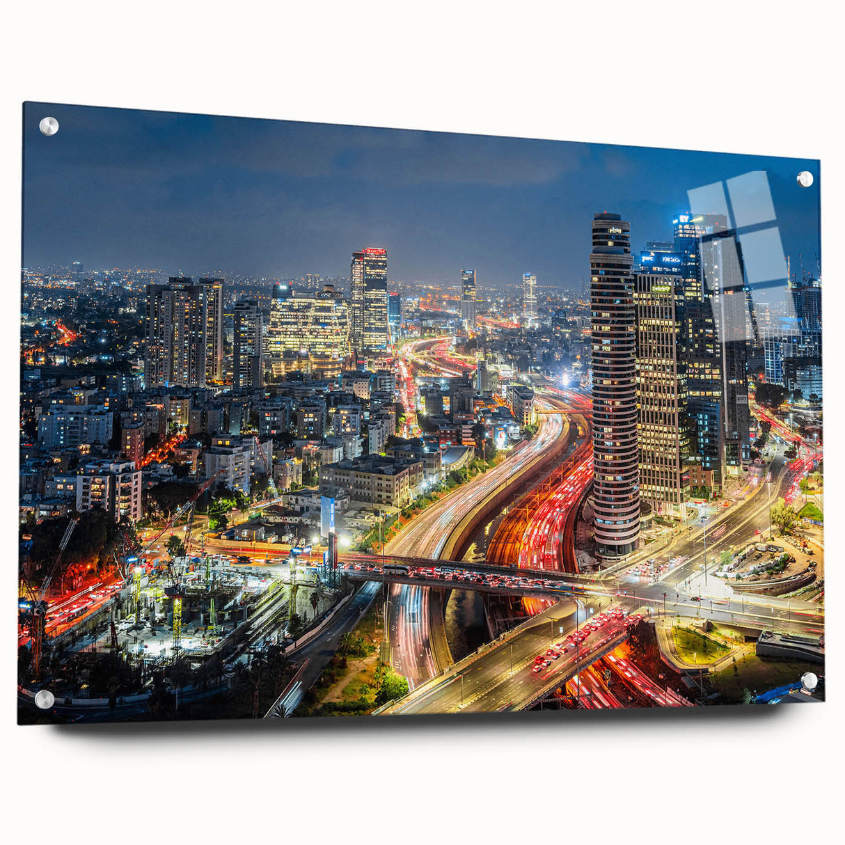 Acrylic print of Tel Aviv skyline in muted earth tones, ideal for dining room or bedroom decor.
