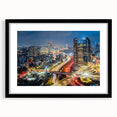 Extra large textured abstract art print of colorful Tel Aviv scenery on a framed black mat, ideal for living room decor.