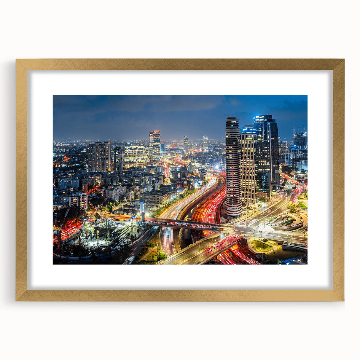 Extra large abstract art print depicting a textured Tel Aviv cityscape, in muted gold and beige tones, framed with a mat.