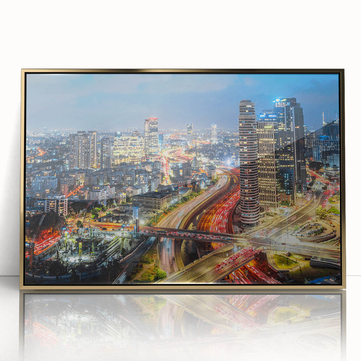 Framed acrylic print of Tel Aviv scenery in muted gold tones, ideal for modern art wall decor.