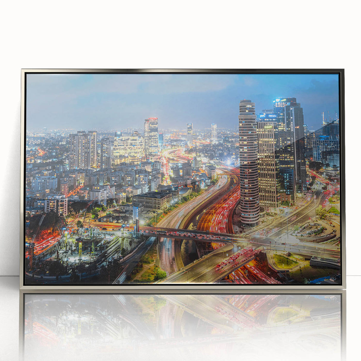 Mid-century modernist art depicting Tel Aviv scenery in muted earth tones on a silver-framed acrylic print.