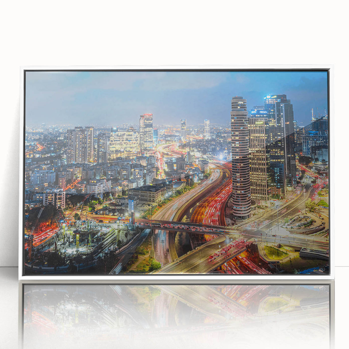 Art deco poster of Tel Aviv skyline in muted pastel shades on framed acrylic, suitable for modern nursery decor.