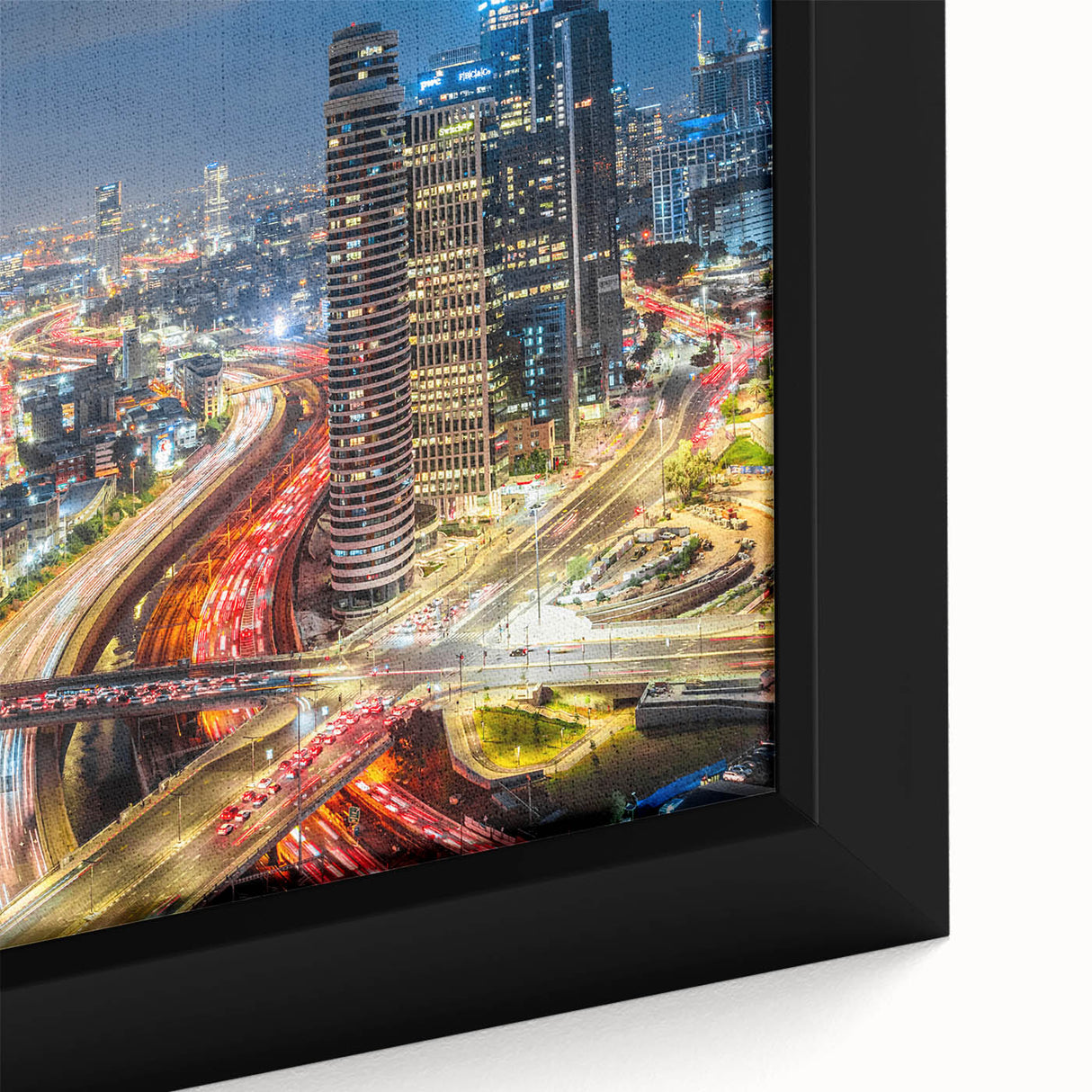 Extra large framed canvas of Tel Aviv skyline in textured black with colorful highlights, ideal for living room decor.