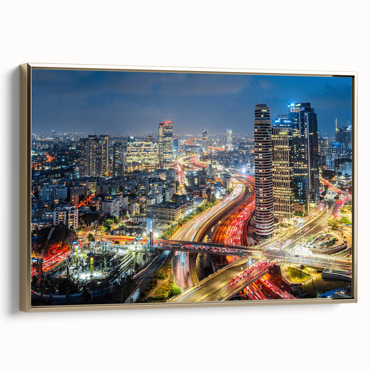 Framed canvas featuring a vintage-style landscape of Tel Aviv in muted gold and black tones, ideal for bedroom decor.
