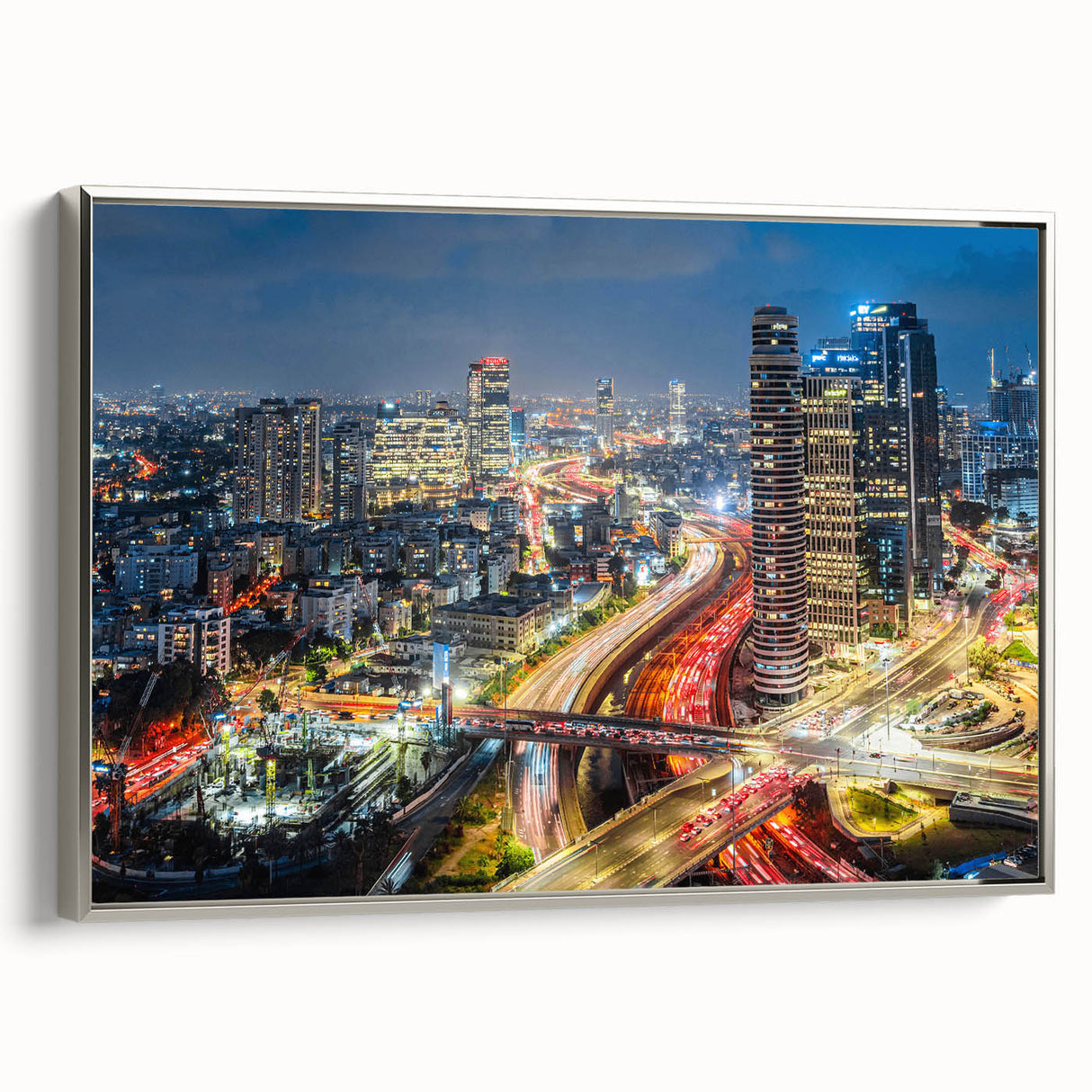 Framed canvas landscape art painting of Tel Aviv with colorful and black vintage poster art style.