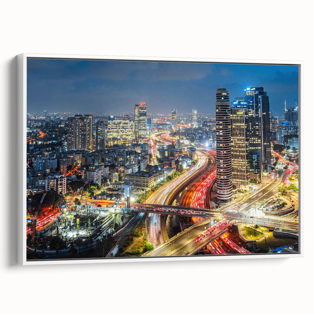 Vintage poster art of Tel Aviv skyline in colorful hues on extra large framed canvas, ideal for living room decor.