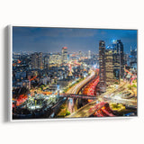 Vintage poster art of Tel Aviv skyline in colorful hues on extra large framed canvas, ideal for living room decor.