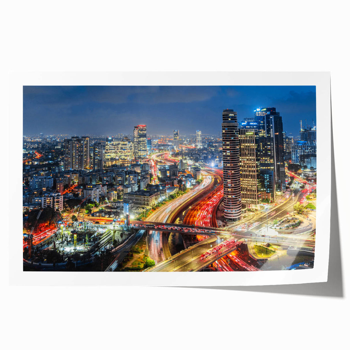 Rolled print of Tel Aviv skyline in muted gray and blue tones, ideal for art wall dining room.