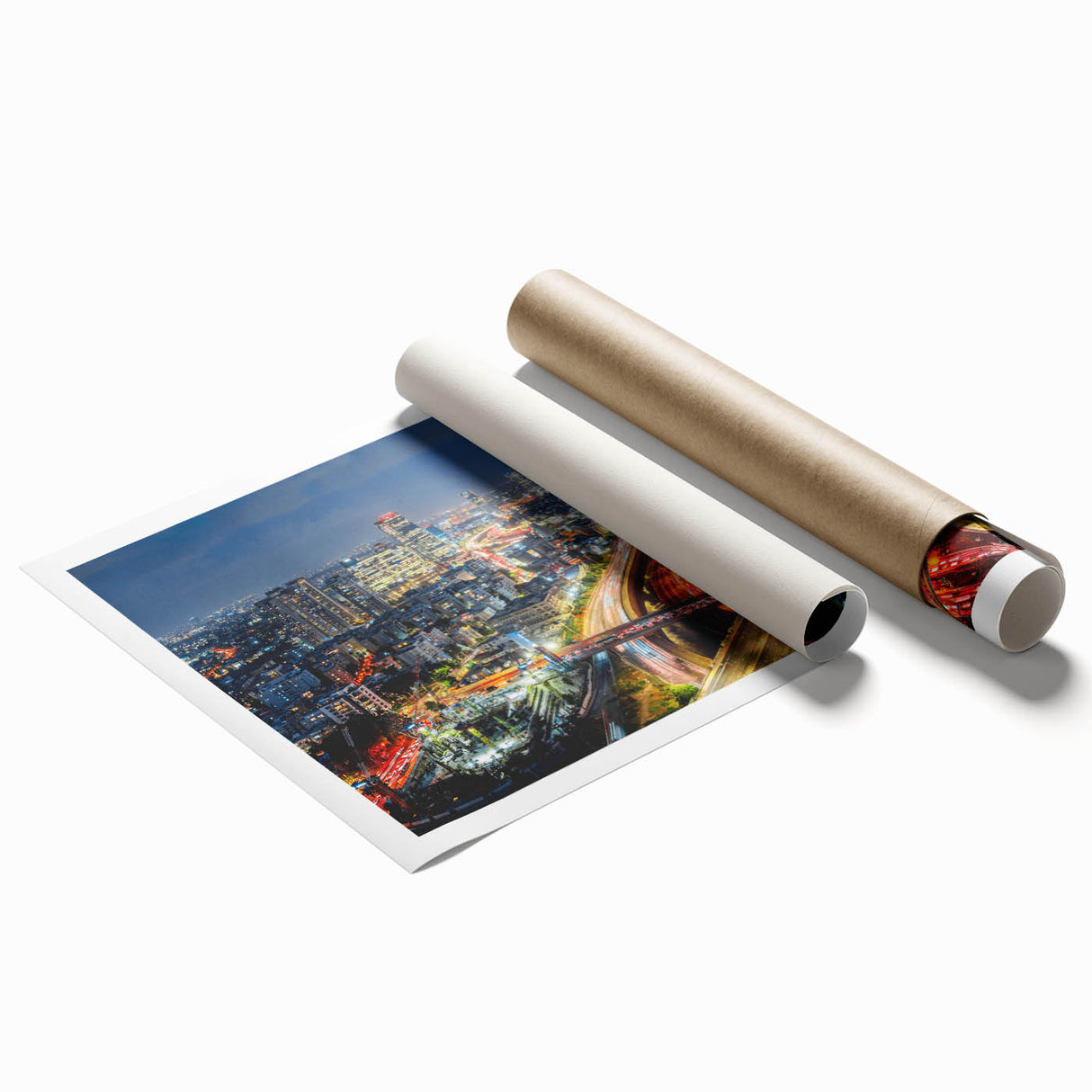 Extra large rolled print of Tel Aviv skyline in muted gray and blue tones, ideal for classy bathroom wall art.