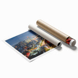 Extra large rolled print of Tel Aviv skyline in muted gray and blue tones, ideal for classy bathroom wall art.