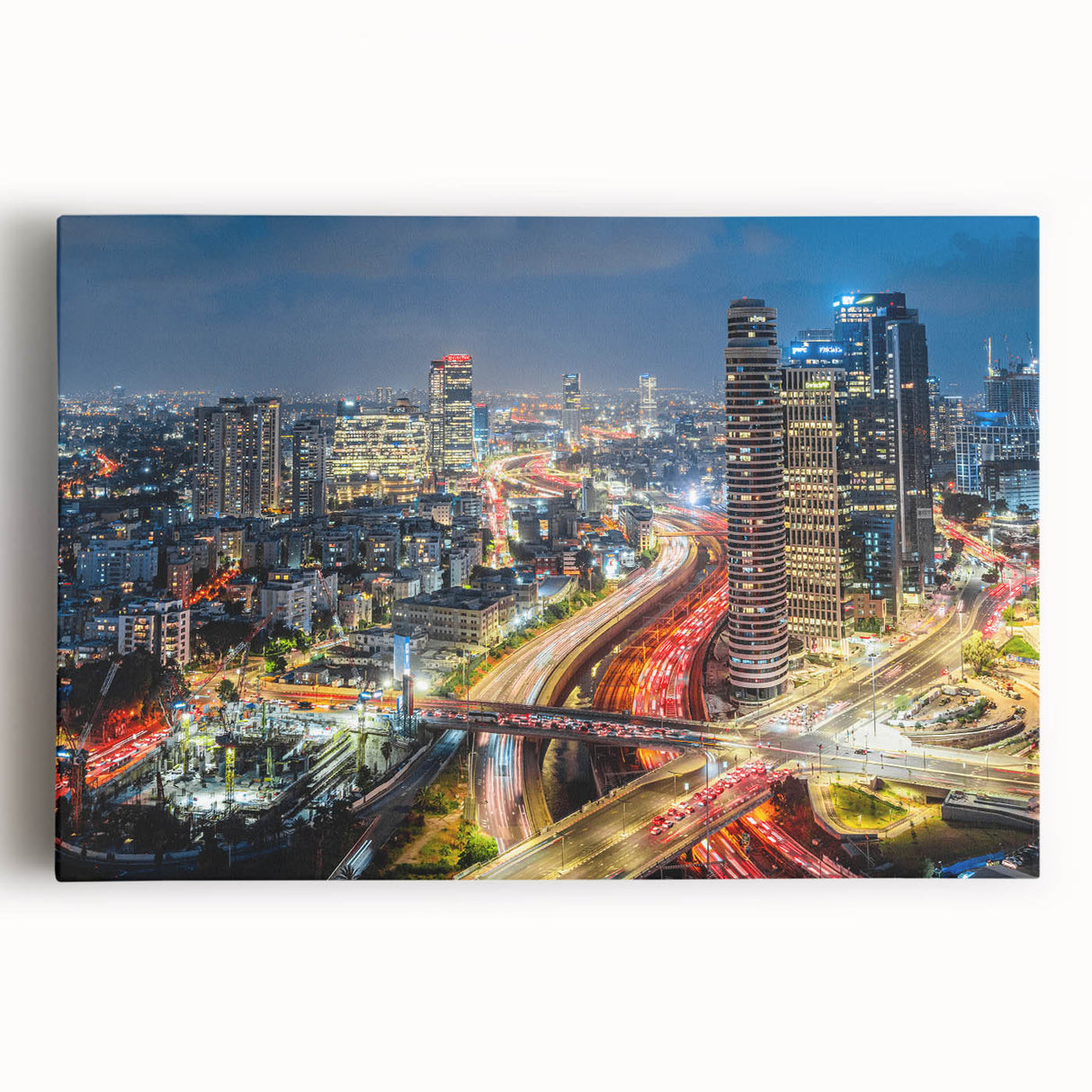 Black and white large art print of Tel Aviv skyline on stretched canvas, ideal for kitchen wall art.