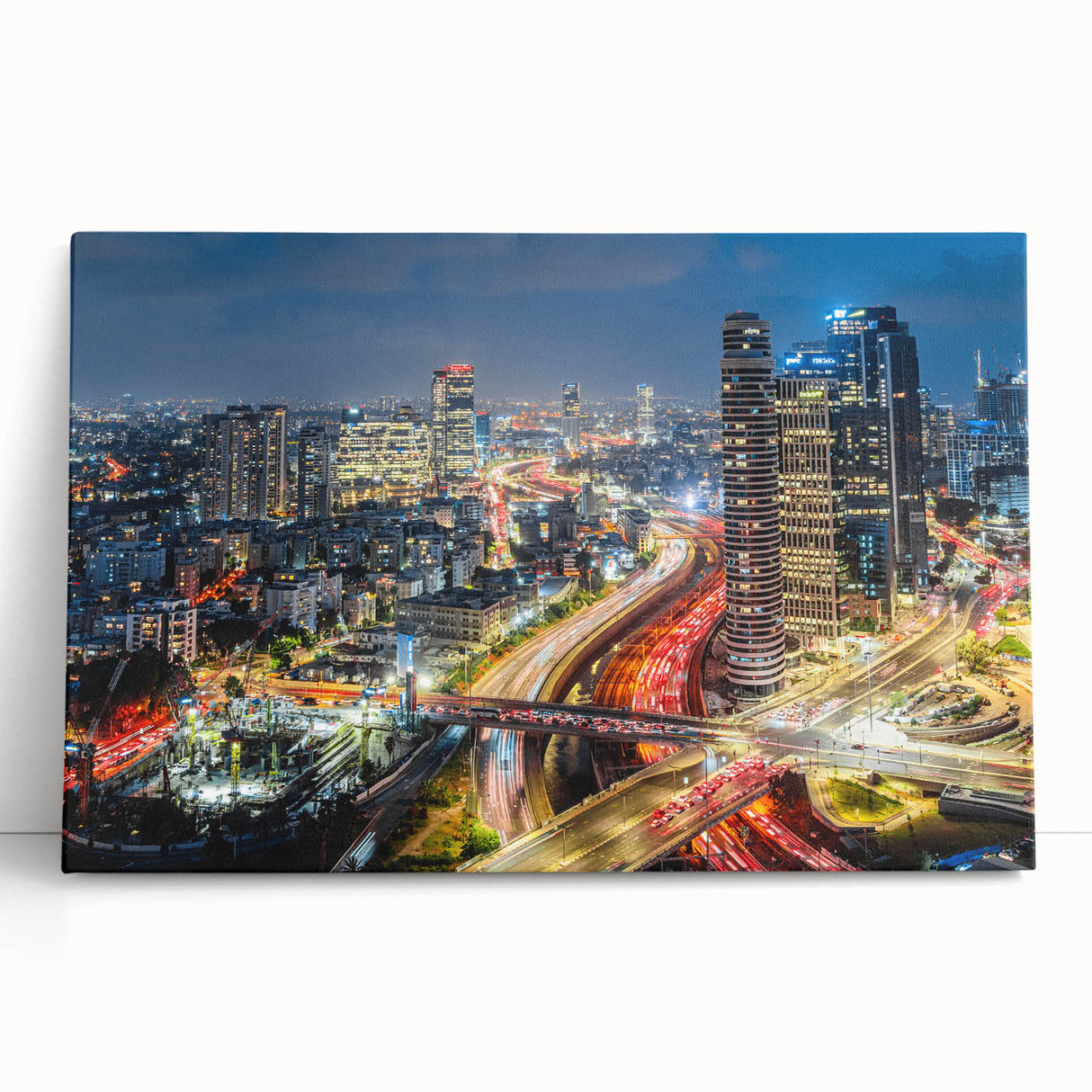 Black and white stretched canvas of Tel Aviv skyline, ideal for kitchen wall art or bedroom ambiance.
